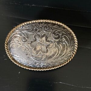 Hand Engraved Floral Belt Buckle in Silver and Gold